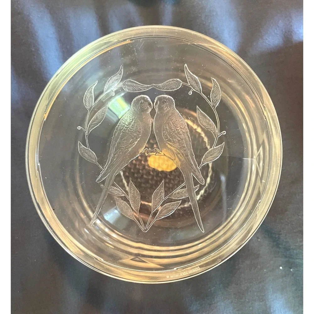 Henco Cherishables Clear Acrylic Trinket Box Engraved Parakeets Vine Heart w/box